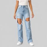 Distressed High-Waisted Straight-Leg Jeans with Front Slit