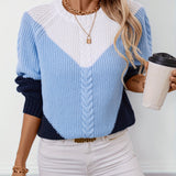 Cable Knit Color Block Sweater with Raglan Sleeves and Round Neck