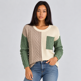 Cable Knit Color Block Sweater with Chest Pocket and Round Neck