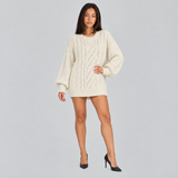 Oversized Cable Knit Sweater Mini Dress with Balloon Sleeve