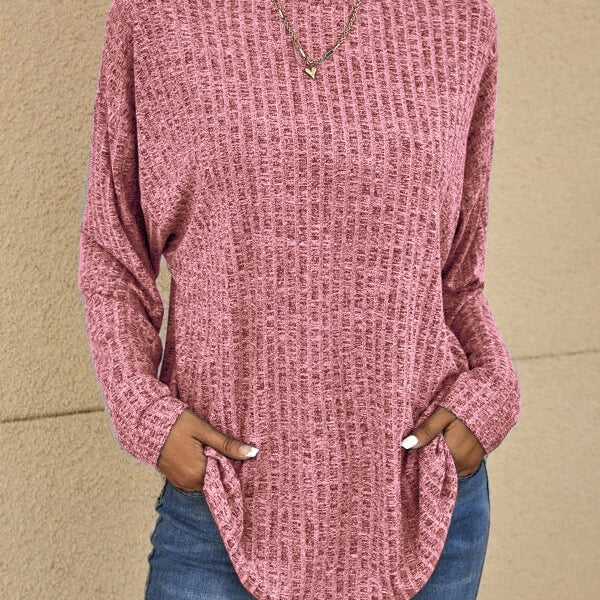 Textured Knit Crew Neck Sweater with Curved Hem