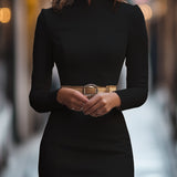 Bodycon Long Sleeve Belted Mini Dress with Mandarin Collar