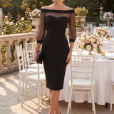 Bodycon Off-Shoulder Midi Dress with Mesh Sleeves