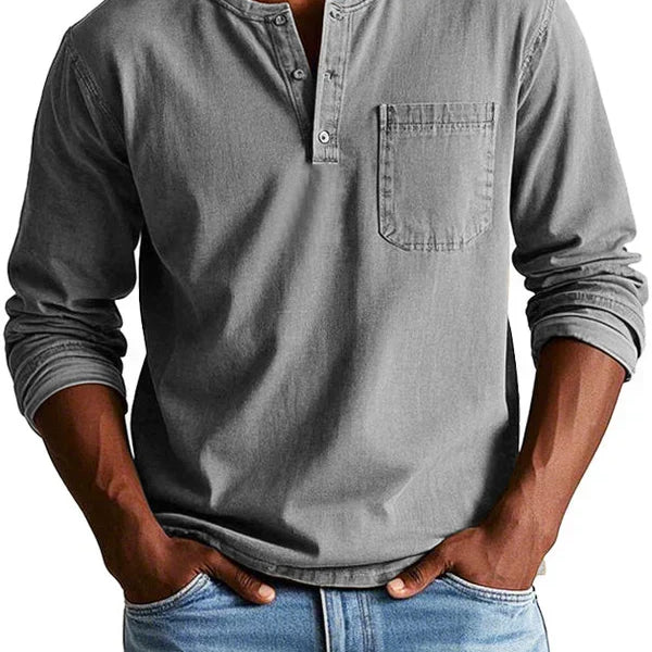 Men's Long Sleeve Button-Neck Shirt with Chest Pocket