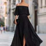 Pleated Off-Shoulder Maxi Dress with Thigh Slit and Puff Sleeves
