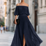 Pleated Off-Shoulder Maxi Dress with Thigh Slit and Puff Sleeves