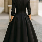 Satin Midi Dress with Lapel Collar and Pleated Skirt