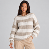 Oversized Chunky Knit Striped Sweater with Round Neck