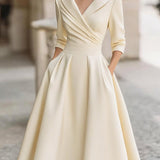 Satin Midi Dress with Lapel Collar and Pleated Skirt