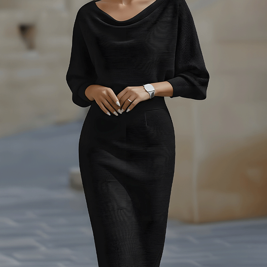 Bodycon Midi Dress with Cowl Neck and Batwing Sleeve
