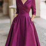 Satin Midi Dress with Lapel Collar and Pleated Skirt