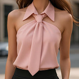 Collared Blouse with Halter Neck and Tie Front