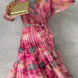 Tie Waist Wrap Maxi Dress with Puff Sleeves and Tiered Skirt