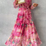 Tie Waist Wrap Maxi Dress with Puff Sleeves and Tiered Skirt