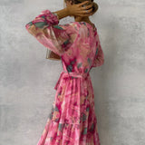 Tie Waist Wrap Maxi Dress with Puff Sleeves and Tiered Skirt
