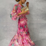 Tie Waist Wrap Maxi Dress with Puff Sleeves and Tiered Skirt