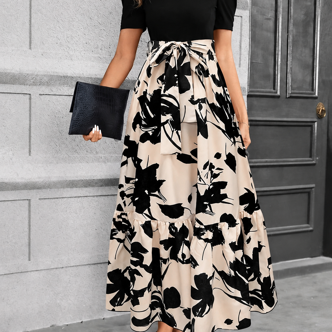 Floral Print A-Line Maxi Dress with Tie Waist and Puff Sleeves