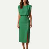 Sleeveless Midi Dress with Button Detail and Front Slit