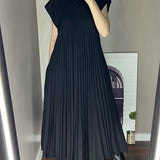 Pleated Maxi Dress with Crew Neck and Cap Sleeves