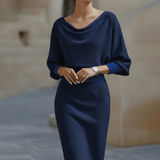 Ribbed Knit Midi Dress with Cowl Neck and Batwing Sleeves