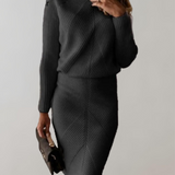 Ribbed Knit Two-Piece Set with Turtleneck Top and Bodycon Skirt