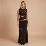Two-Piece Lace Maxi Skirt Set with High-Neck Crop Top