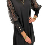 Embroidered Mesh Sleeve Shift Mini Dress with Round Neck
