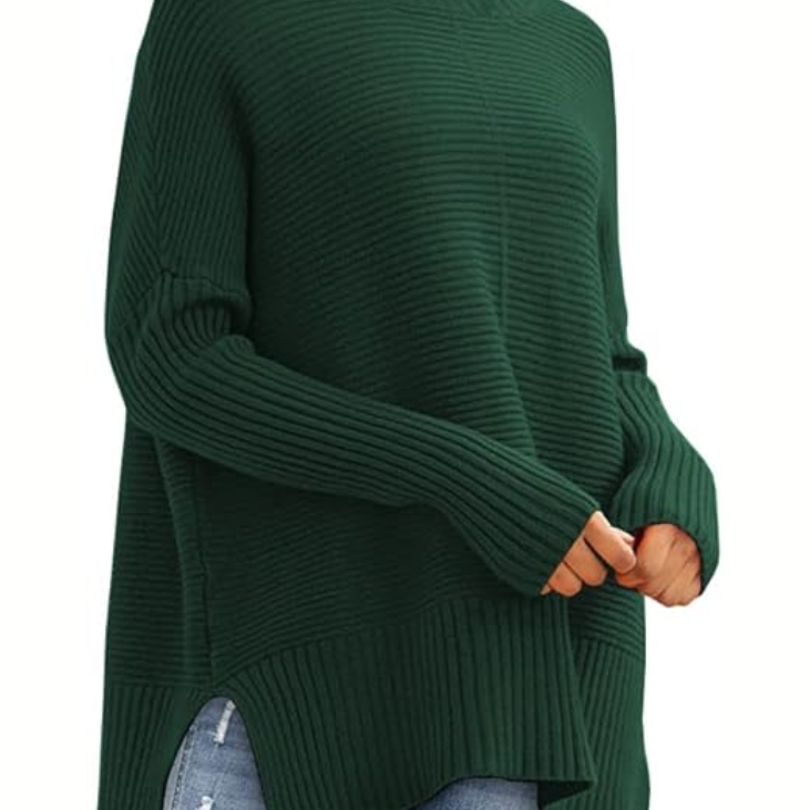 Oversized Turtleneck Knit Sweater for Women – Ribbed Long Sleeve Pullover with Side Slits for Casual Wear