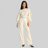 Pleated Wide-Leg Pants Set with Balloon Sleeve Top