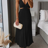 Satin Cut-Out Pleated Maxi Dress with V-Neck