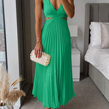 Satin Cut-Out Pleated Maxi Dress with V-Neck