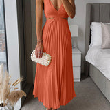 Satin Cut-Out Pleated Maxi Dress with V-Neck