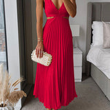 Satin Cut-Out Pleated Maxi Dress with V-Neck