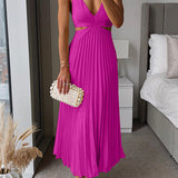 Satin Cut-Out Pleated Maxi Dress with V-Neck