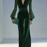 Wide-Leg Velvet Jumpsuit with V-Neck and Mesh Sleeves