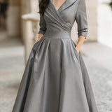 Satin Midi Dress with Lapel Collar and Pleated Skirt