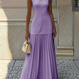 Sleeveless Pleated Maxi Dress with Boat Neck
