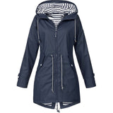 Women's Hooded Rain Jacket with Longline Zip Front and Striped Hood Lining with Adjustable Drawstring Waist
