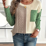 Cable Knit Color Block Sweater with Chest Pocket and Round Neck