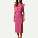 Sleeveless Midi Dress with Button Detail and Front Slit