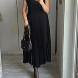 Pleated Maxi Dress with Crew Neck and Cap Sleeves