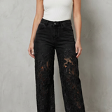 High-Waisted Floral Lace Wide-Leg Jeans with Cutout Detail