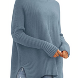 Oversized Turtleneck Knit Sweater for Women – Ribbed Long Sleeve Pullover with Side Slits for Casual Wear