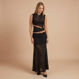 Two-Piece Lace Maxi Skirt Set with High-Neck Crop Top