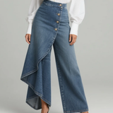 Wrap Wide-Leg Denim Pants with High Waist and Button Front