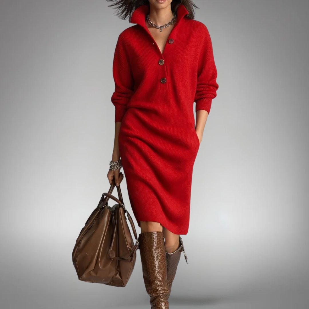 Oversized Knit Polo Midi Dress with High Neck