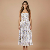 Corset Floral Midi Dress with Square Neck