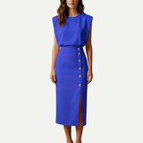 Sleeveless Midi Dress with Button Detail and Front Slit