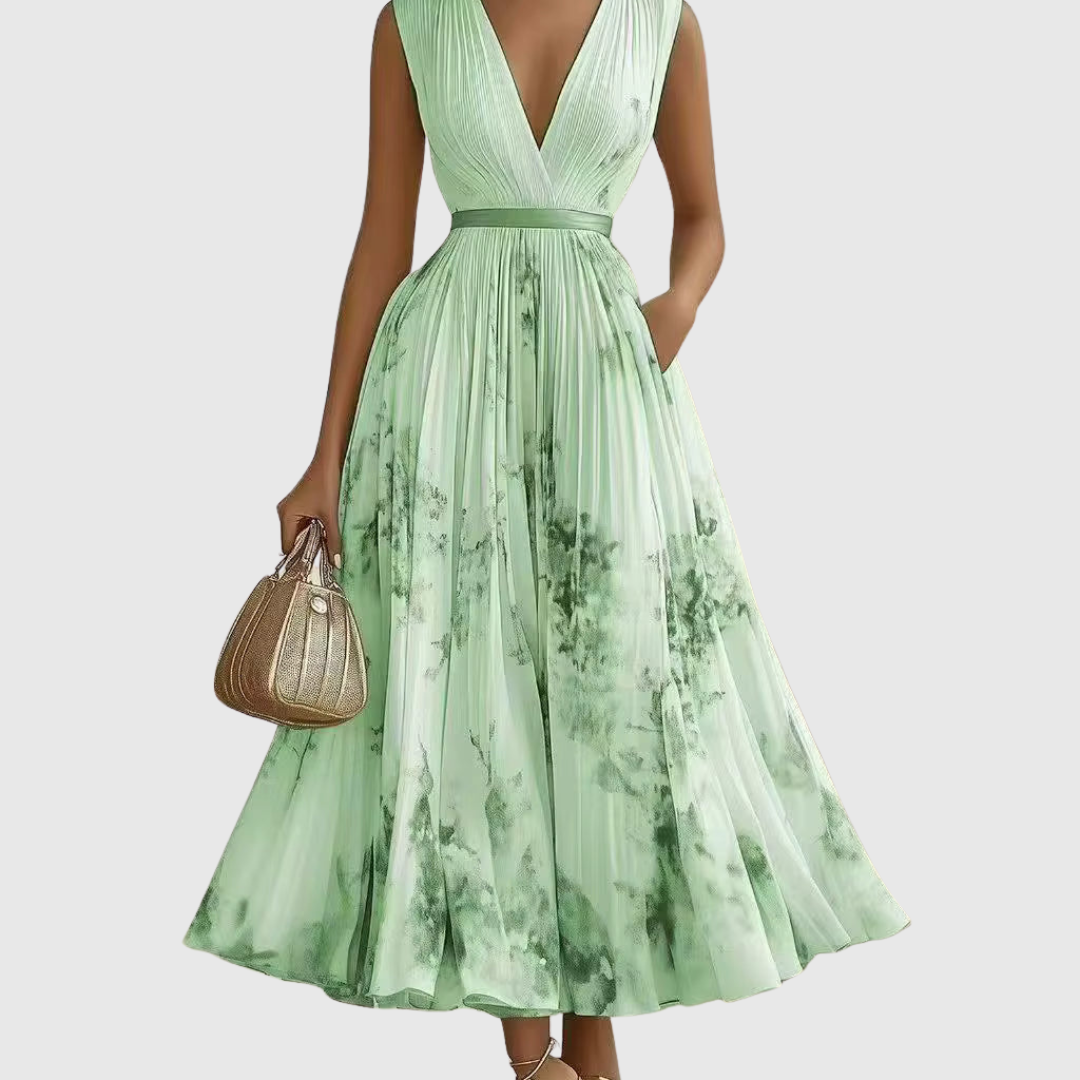 Isabelle | Elegant Pleated V-Neck Midi Dress Women Summer Flowy