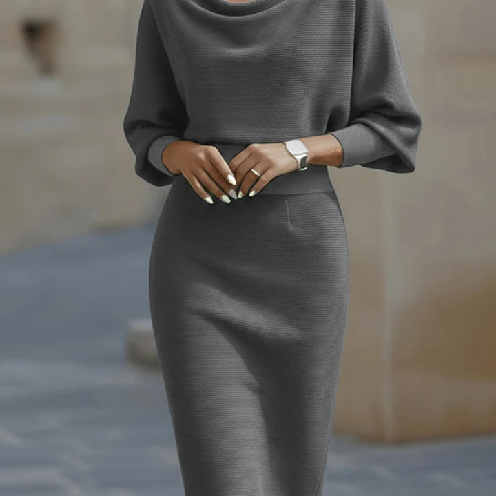 Ribbed Knit Midi Dress with Cowl Neck and Batwing Sleeves